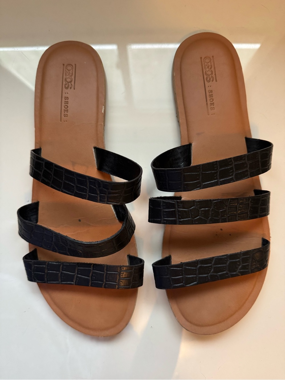 Size 11, ASOS Triple-Strap Black Croc-Embossed Sandals